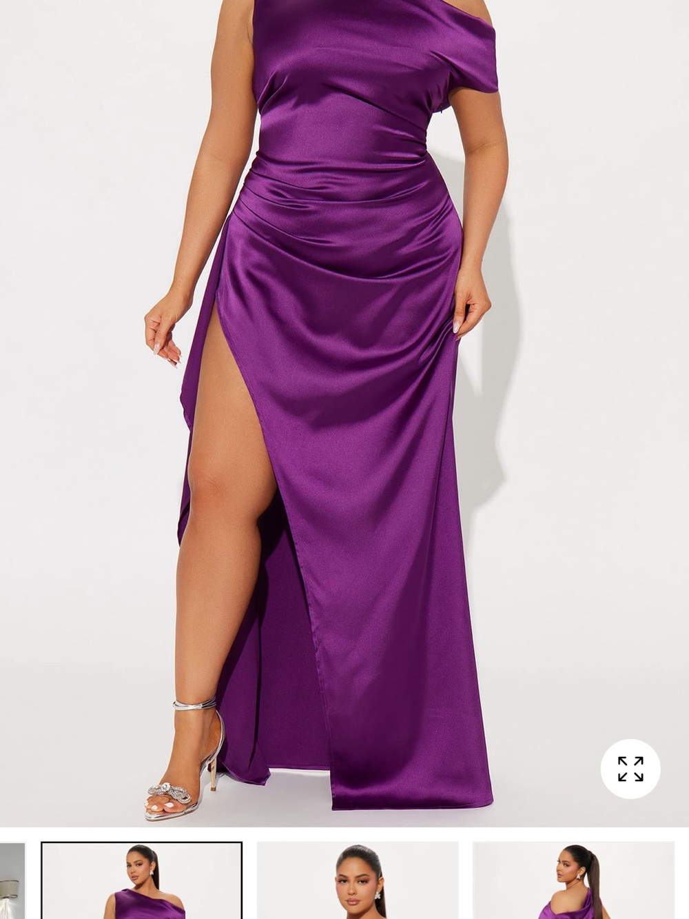 Fashion Nova Purple Satin One-Shoulder High-Slit Gown